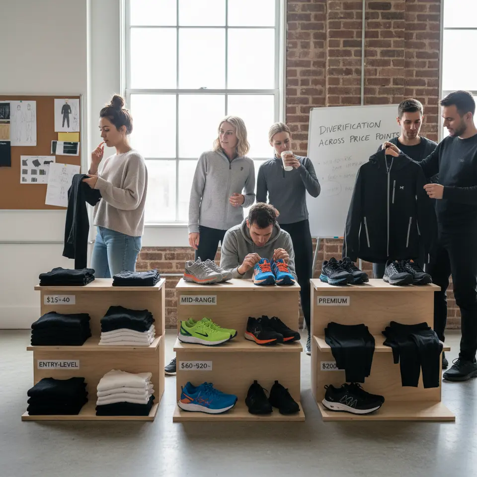 Diversification Across Price Points: A sleek studio layout showing sportswear items arranged in three tiers—from budget-friendly basics (plain leggings and tees) to mid-range performance sneakers and finally to premium, tech-driven jackets and shoes—each tier labeled “Entry-Level,” “Mid-Range,” and “Premium” with subtle price tags.