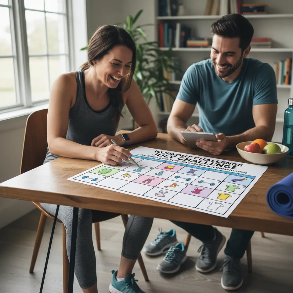 Workout Challenge Calendar With Gear Recommendations: A colorful, printable month-long fitness calendar grid where each day’s cell includes a simple workout icon and a small illustrated sportswear item (e.g., running shoes, yoga mat, moisture-wicking shirt) alongside tiny link symbols, styled like a motivational PDF guide.