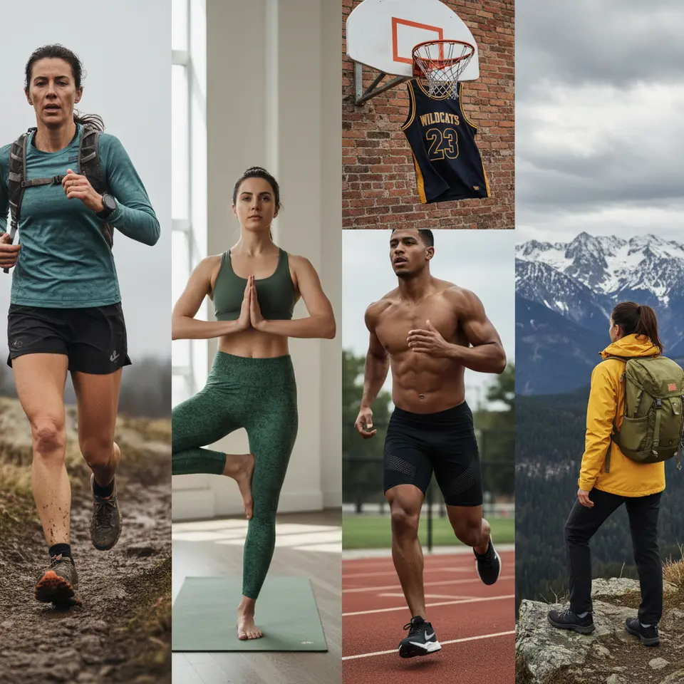 A vibrant collage representing five sportswear micro-niches: a technical trail running shoe with cushioned sole, eco-friendly yoga leggings on a yoga mat, high-compression HIIT shorts mid-sprint, a customizable basketball jersey hanging on a hoop, and a waterproof adventure jacket with lightweight backpack against a mountain background.
