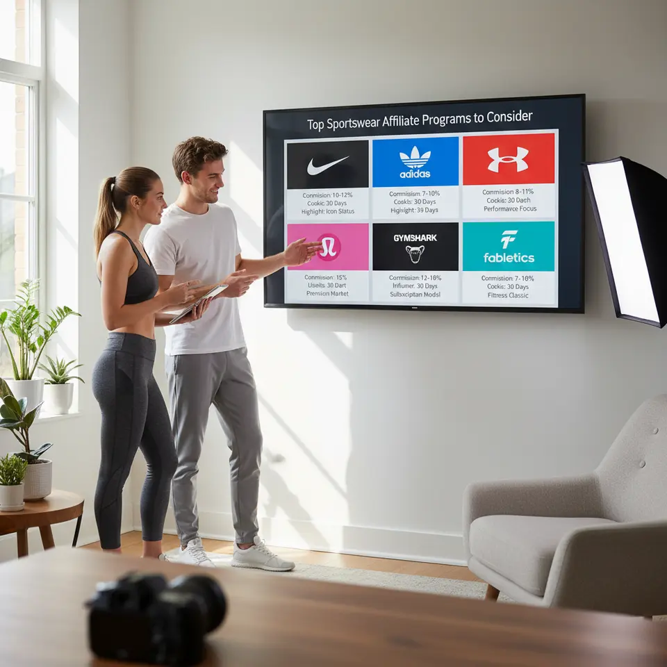 Top Sportswear Affiliate Programs to Consider: a visually striking grid showcasing leading fitness apparel brands (Nike, Adidas, Under Armour, Lululemon, Gymshark, Fabletics, Puma, Decathlon, Reebok) with each logo, commission rate, cookie duration, and key program highlight neatly displayed in card format