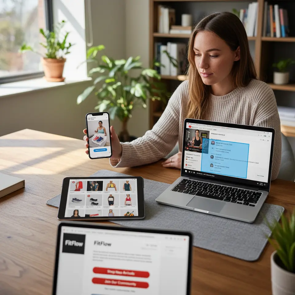 An omnichannel affiliate marketing dashboard scene: a smartphone screen displaying an Instagram Story unboxing with swipe-up links; next to it, a YouTube video player overlay highlighting affiliate links in the description; below, a Pinterest board view of vertical workout outfit pins; and at the bottom, an email inbox preview featuring a branded fitness newsletter with clear call-to-action buttons and affiliate disclosures.
