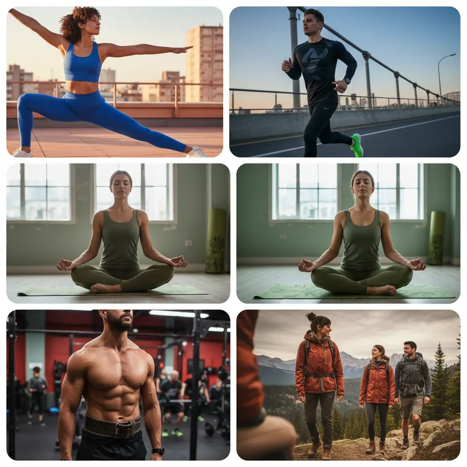 A vibrant collage showcasing the five ideal activewear niches: a pair of high-waist women's leggings and sports bra, men's compression shirt with performance running shoes, eco-friendly yoga pants and mat, CrossFit gear (weightlifting belt and kettlebell), and rugged outdoor adventure wear (hiking boots and weather-resistant jacket), all arranged in distinct, colorful panels.