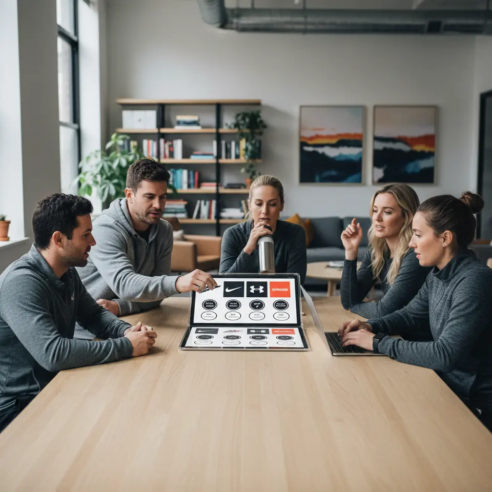 A sleek grid of top sportswear affiliate program logos—Nike, Adidas, Under Armour, Gymshark, Lululemon, Amazon Associates—each accompanied by a small badge displaying its commission rate and cookie duration, set against a modern, minimalist background.